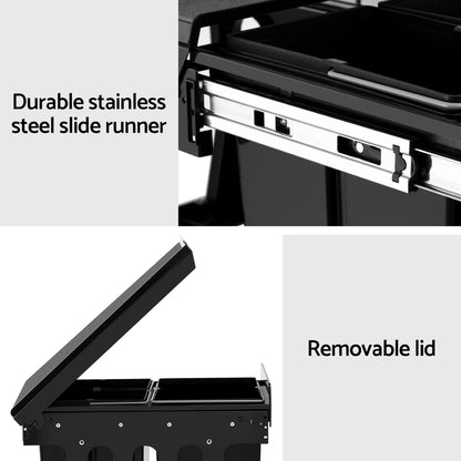 Cefito Pull Out Bin Kitchen Triple Slide Garbage Rubbish Bins Basket Blcak 31L POT-BIN-31L-3C-BK