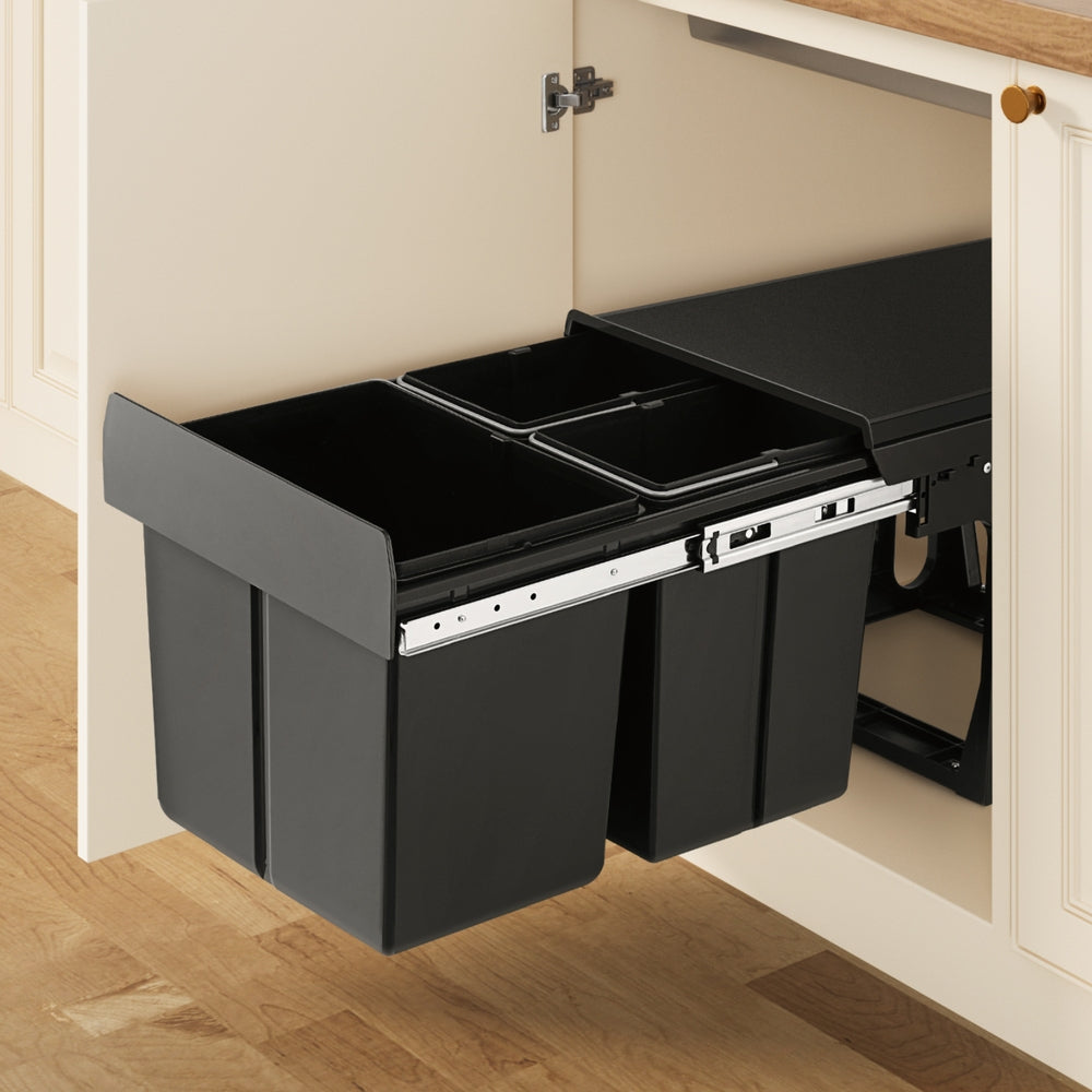 Cefito Pull Out Bin Kitchen Triple Slide Garbage Rubbish Bins Basket Blcak 31L POT-BIN-31L-3C-BK
