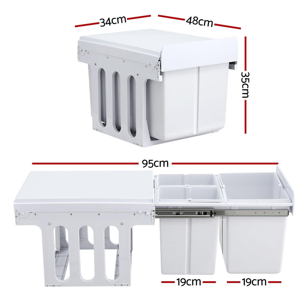Cefito Pull Out Bin Kitchen Triple Slide Garbage Rubbish Bins Basket White 31L POT-BIN-31L-3C-WH