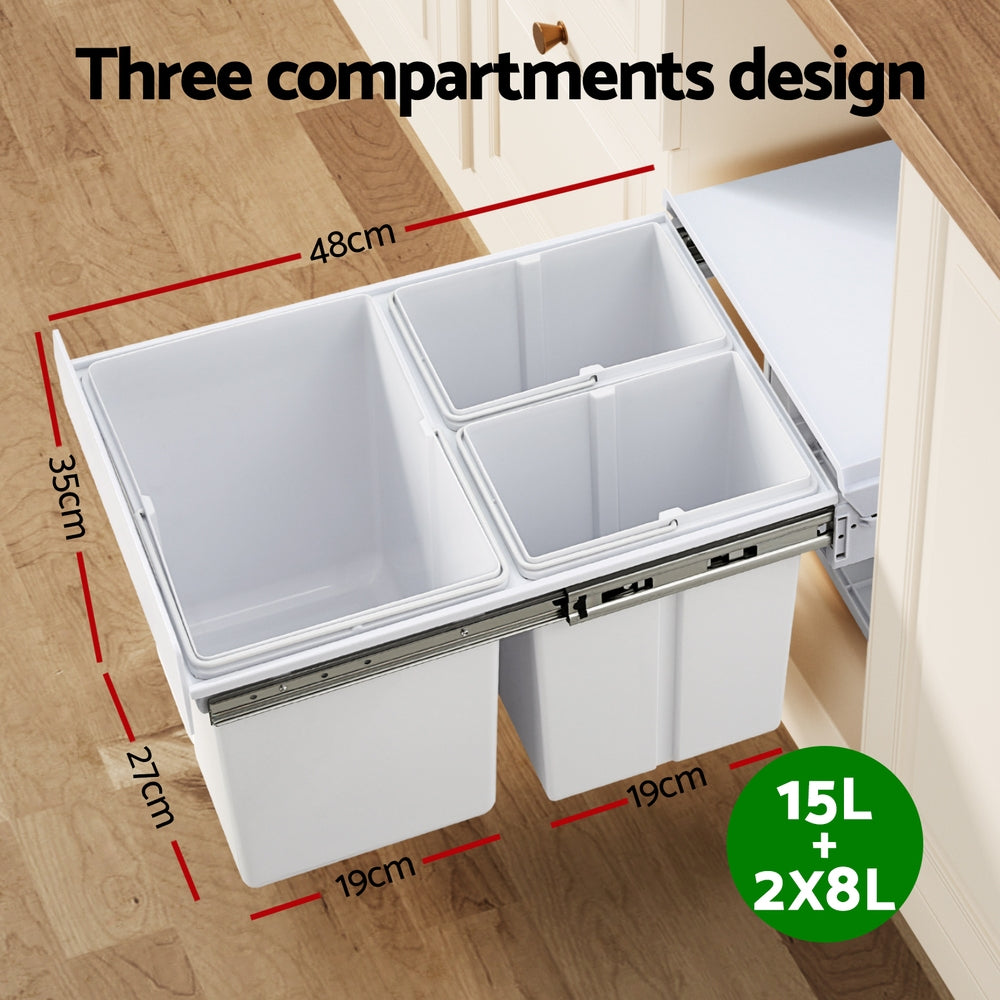 Cefito Pull Out Bin Kitchen Triple Slide Garbage Rubbish Bins Basket White 31L POT-BIN-31L-3C-WH