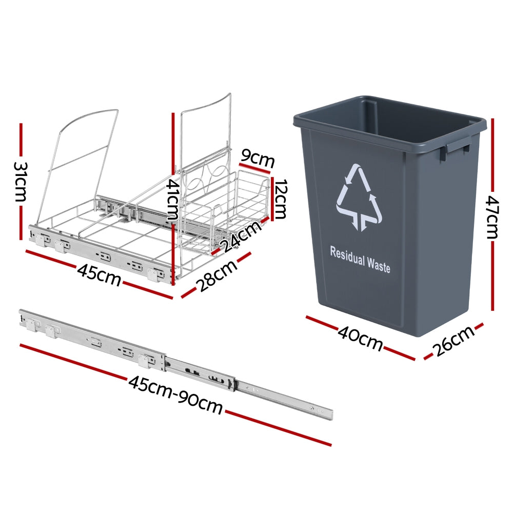 Cefito Pull Out Bin Kitchen Cabinet Slide Garbage Rubbish Bins Basket 40L Grey POT-BIN-40L-GY