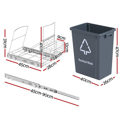 Cefito Pull Out Bin Kitchen Cabinet Slide Garbage Rubbish Bins Basket 40L Grey POT-BIN-40L-GY