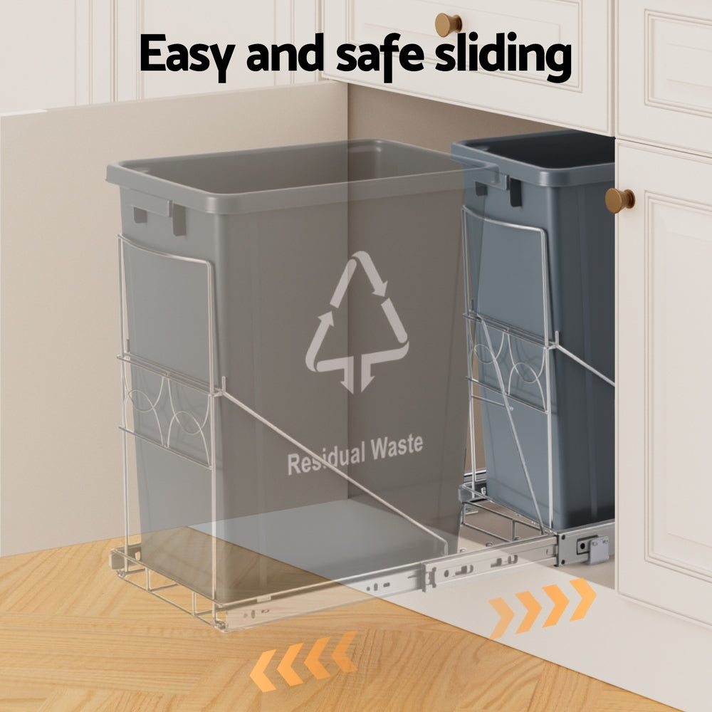 Cefito Pull Out Bin Kitchen Cabinet Slide Garbage Rubbish Bins Basket 40L Grey POT-BIN-40L-GY