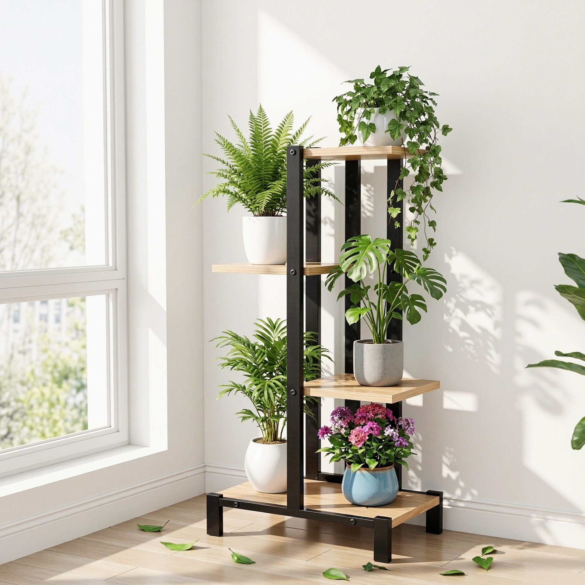 Artiss 4 Tiers Plant Stand Metal Flower Pots Shelf Indoor Outdoor Garden Home PS-4T-WOOD-LW