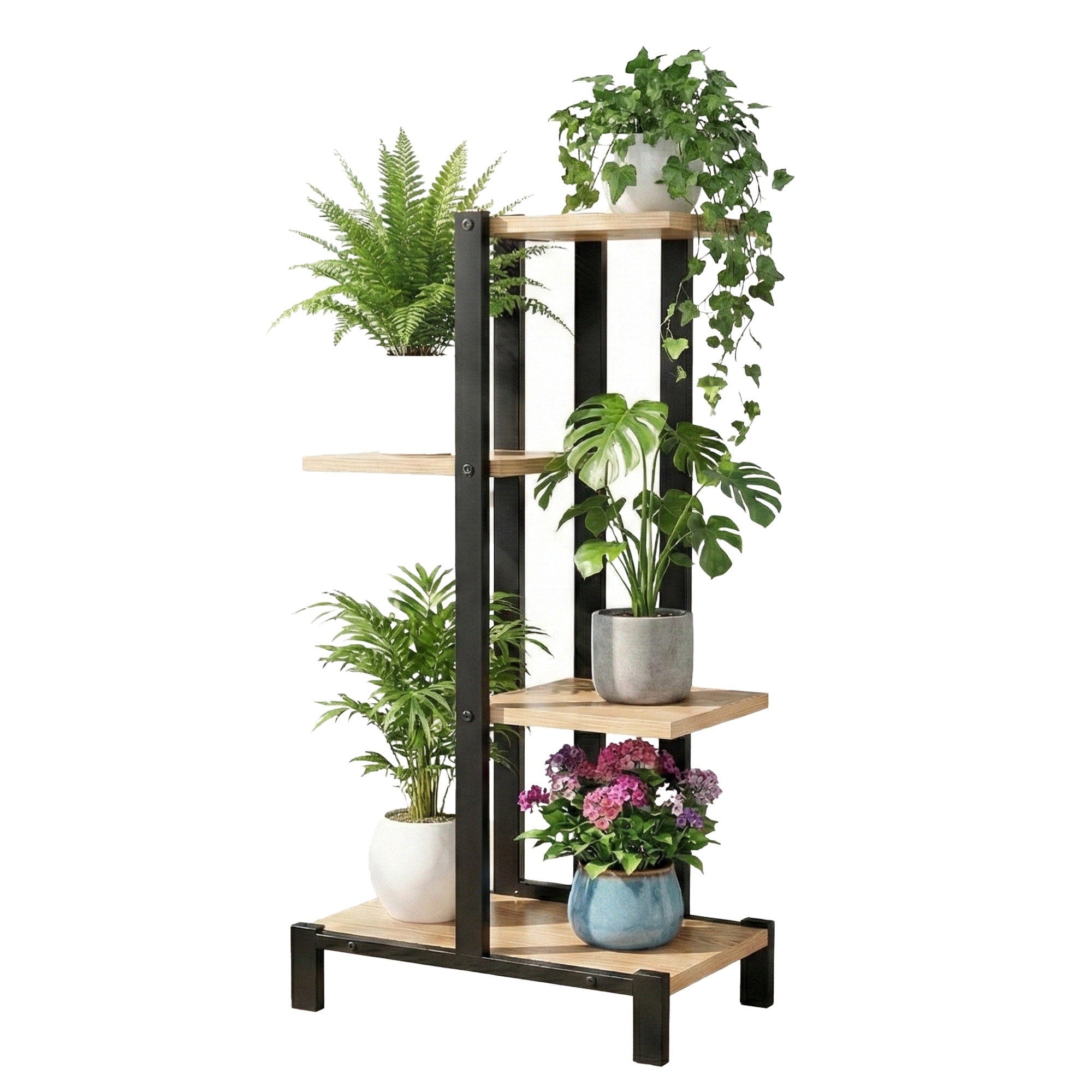 Artiss 4 Tiers Plant Stand Metal Flower Pots Shelf Indoor Outdoor Garden Home PS-4T-WOOD-LW