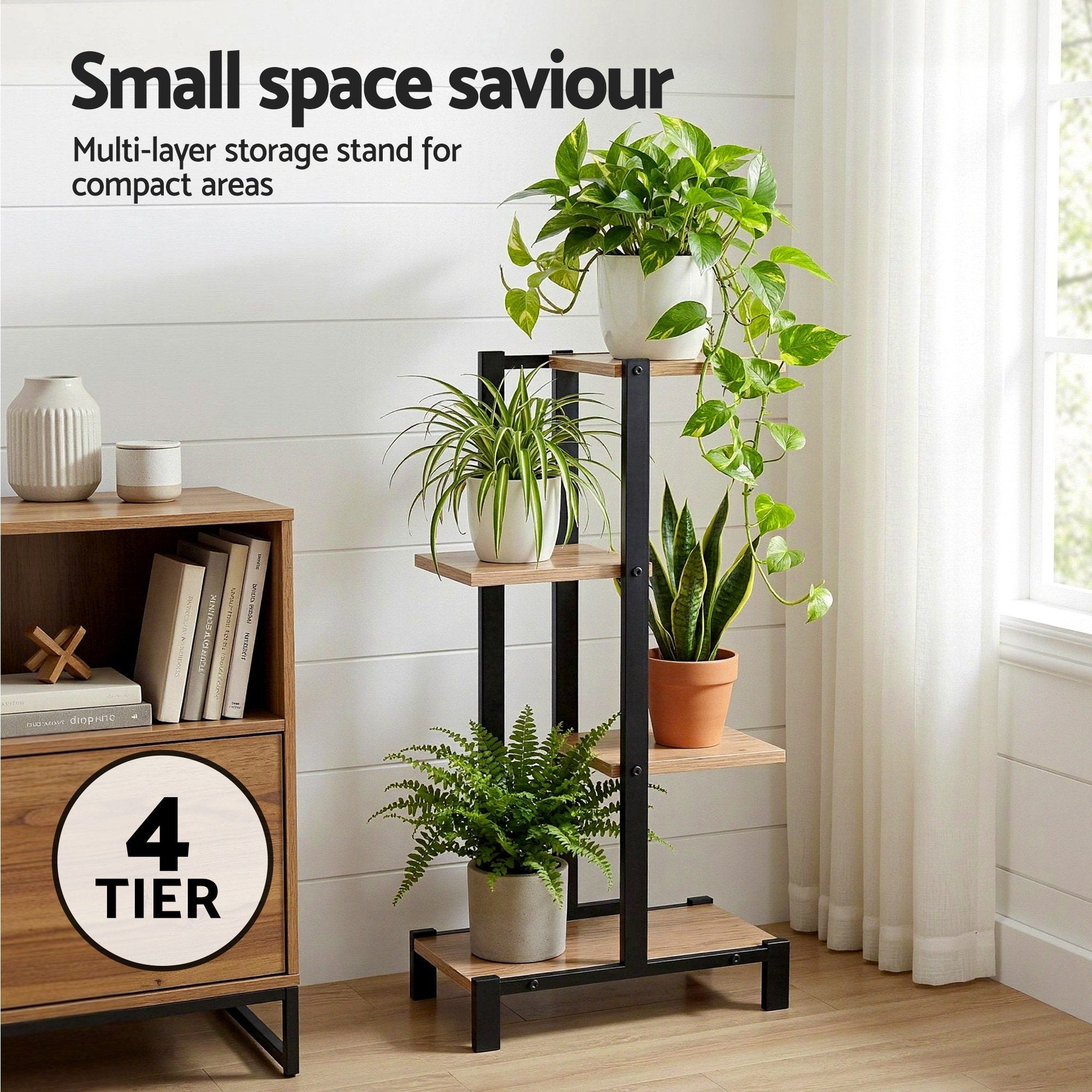 Artiss 4 Tiers Plant Stand Metal Flower Pots Shelf Indoor Outdoor Garden Home PS-4T-WOOD-LW