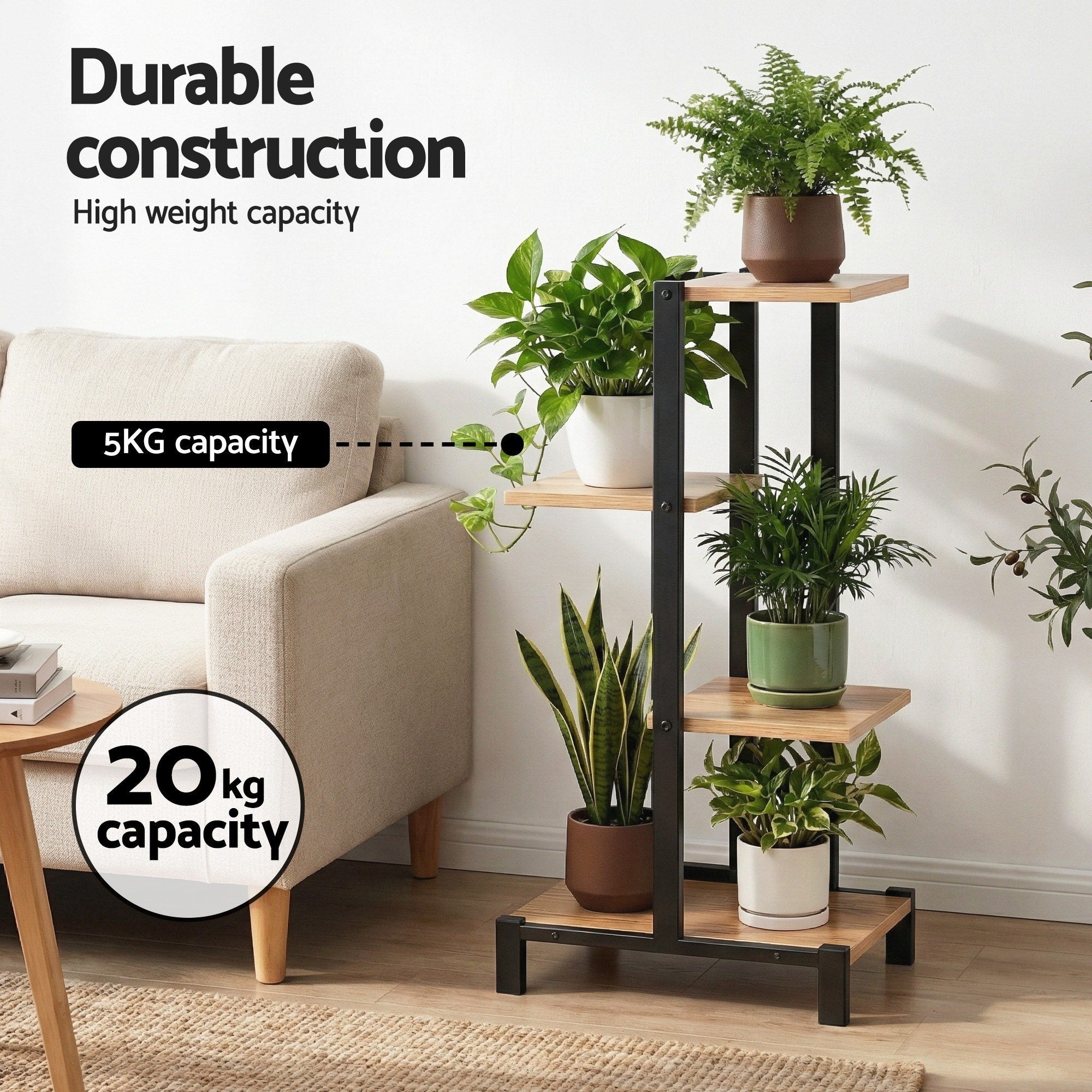 Artiss 4 Tiers Plant Stand Metal Flower Pots Shelf Indoor Outdoor Garden Home PS-4T-WOOD-LW