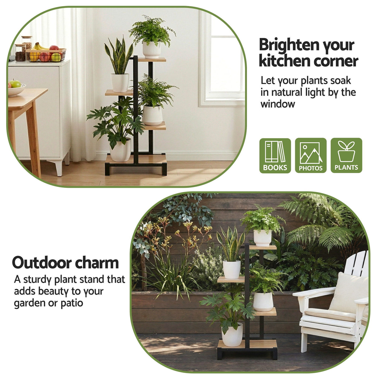 Artiss 4 Tiers Plant Stand Metal Flower Pots Shelf Indoor Outdoor Garden Home PS-4T-WOOD-LW