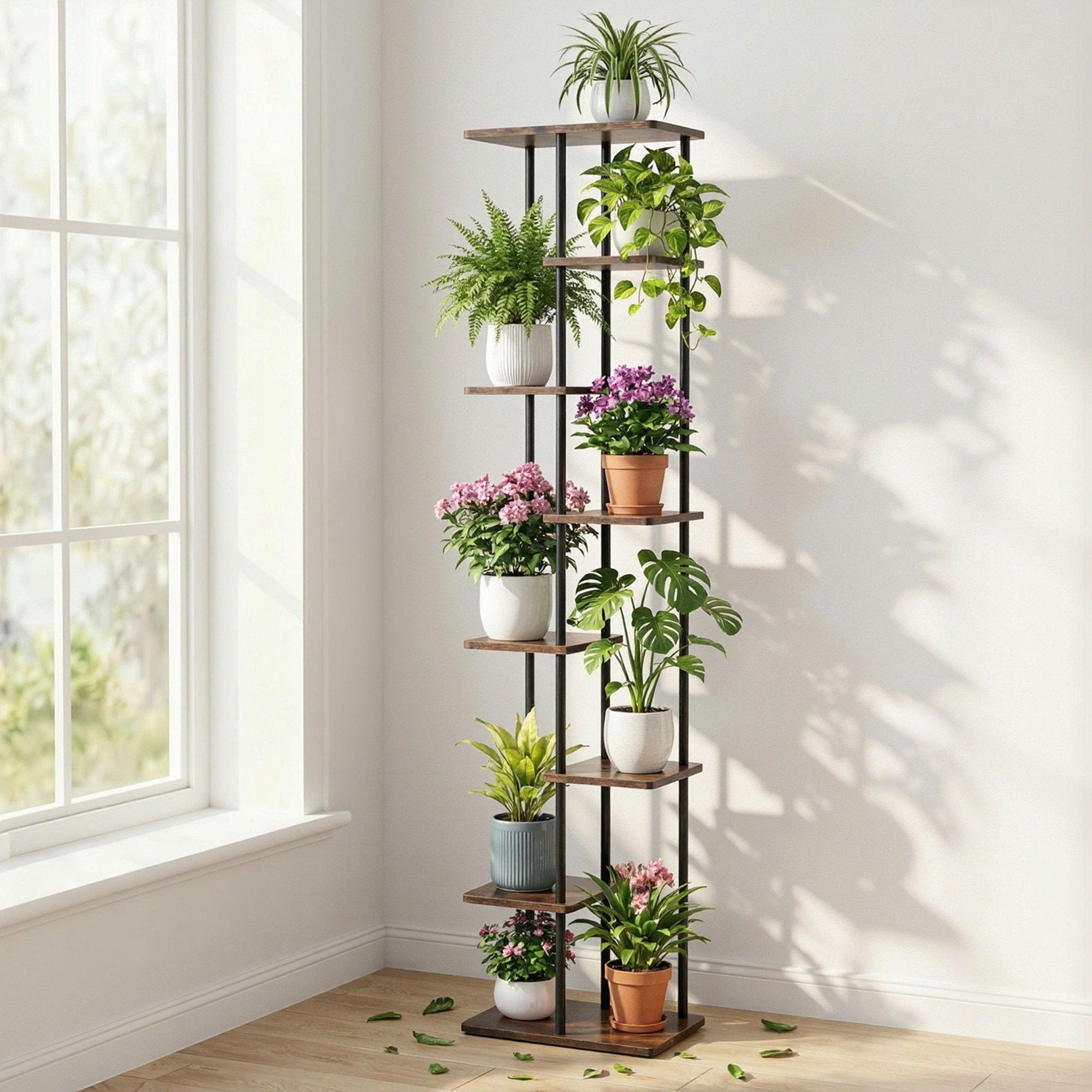 Artiss 8 Tiers Plant Stand Metal Flower Pots Shelf Indoor Outdoor Garden Home PS-8T-WOOD-DW