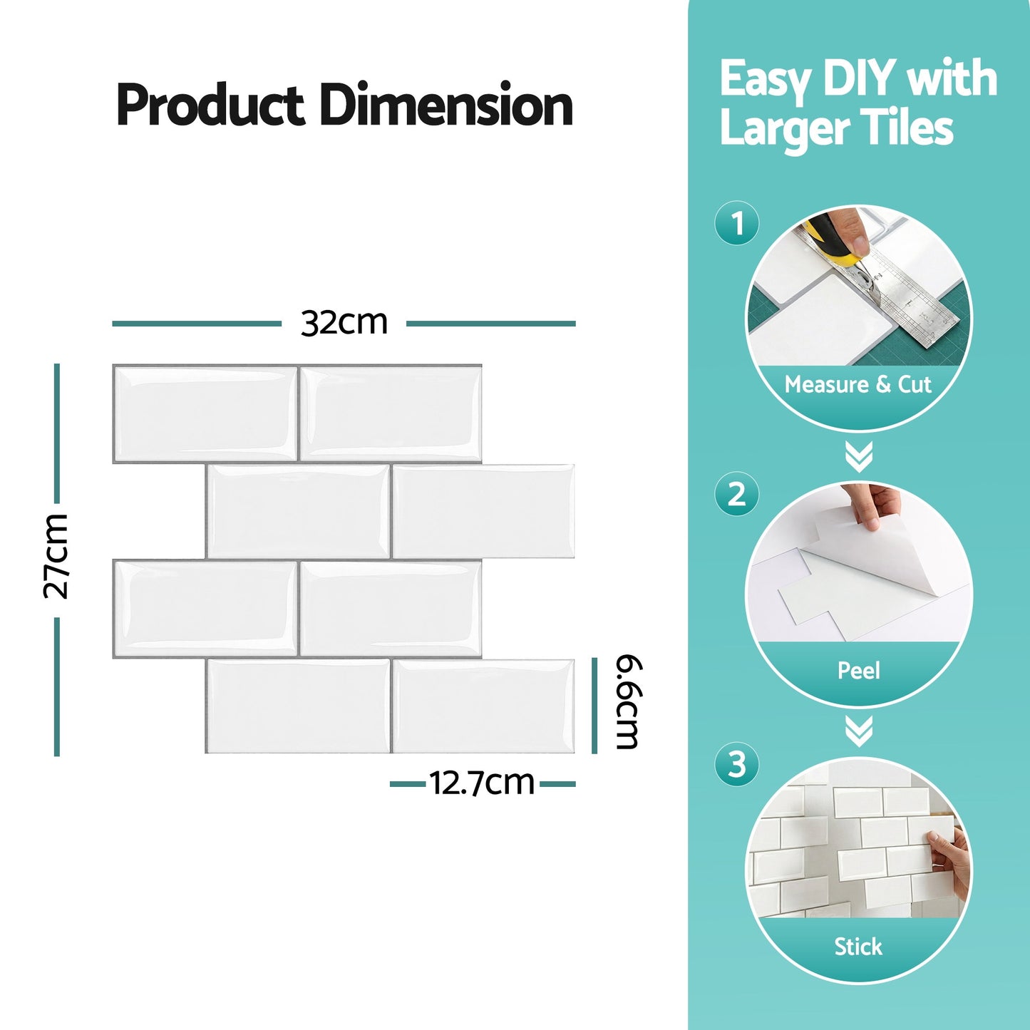 Artiss 3D Peel and Stick Wall Tiles Self Adhesive Subway Backsplash 10 Sheets, White PST-200-WH