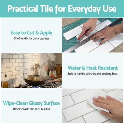 Artiss 3D Peel and Stick Wall Tiles Self Adhesive Subway Backsplash 10 Sheets, White PST-200-WH
