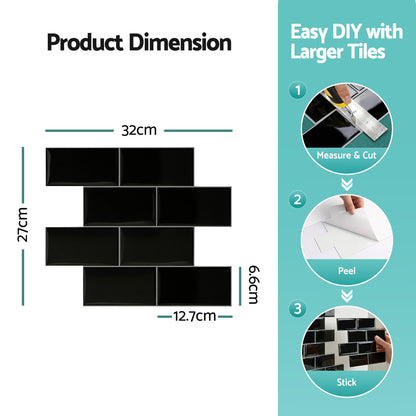 Artiss 3D Peel and Stick Wall Tiles Self Adhesive Subway Backsplash 10 Sheets, Black PST-216-BK