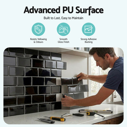 Artiss 3D Peel and Stick Wall Tiles Self Adhesive Subway Backsplash 10 Sheets, Black PST-216-BK