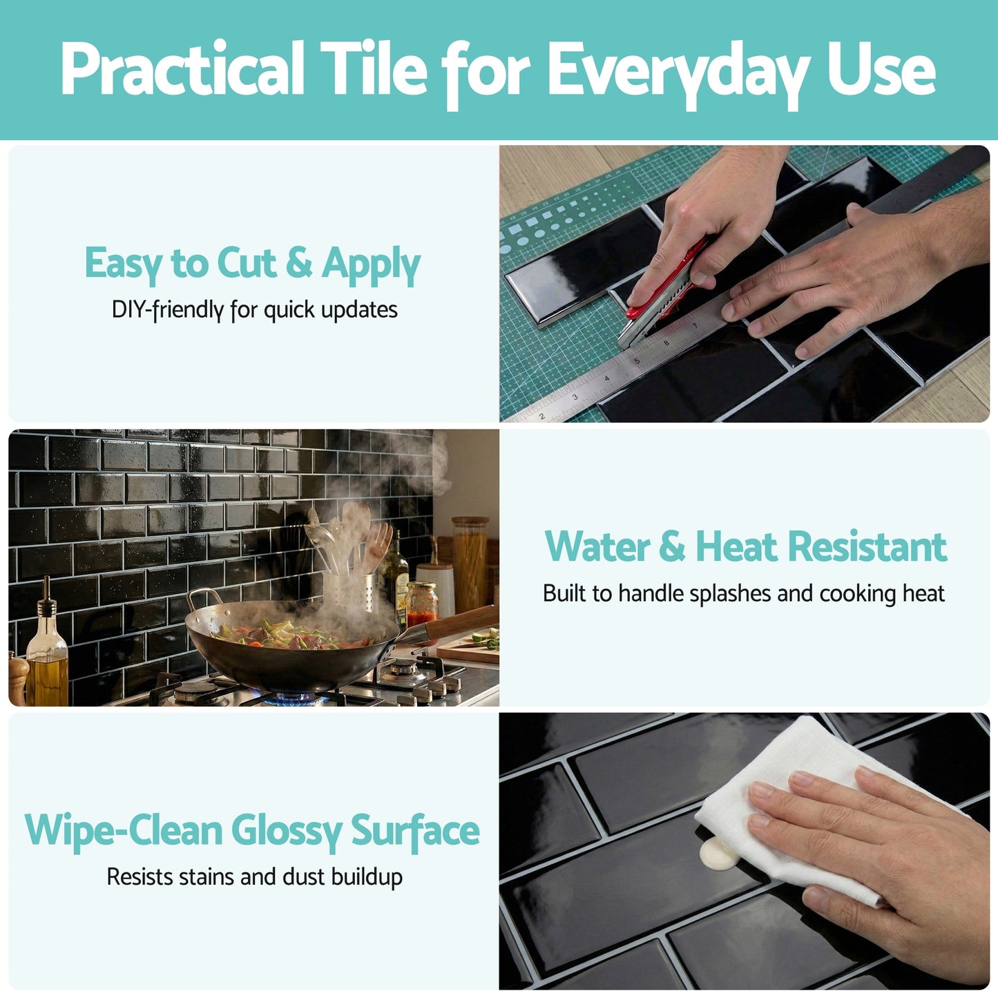 Artiss 3D Peel and Stick Wall Tiles Self Adhesive Subway Backsplash 10 Sheets, Black PST-216-BK
