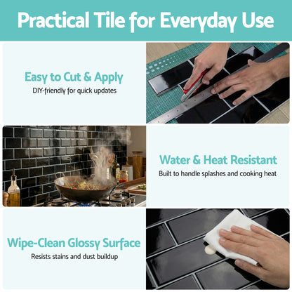 Artiss 3D Peel and Stick Wall Tiles Self Adhesive Subway Backsplash 10 Sheets, Black PST-216-BK