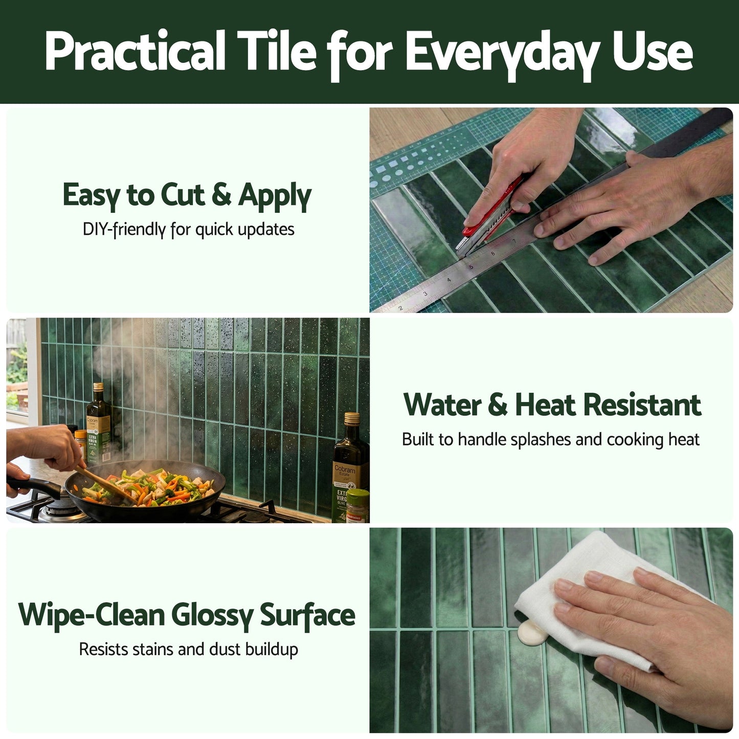 Artiss 3D Peel and Stick Wall Tiles Self Adhesive LinearGrid Backsplash 10 Sheets, Green PST-546-GN