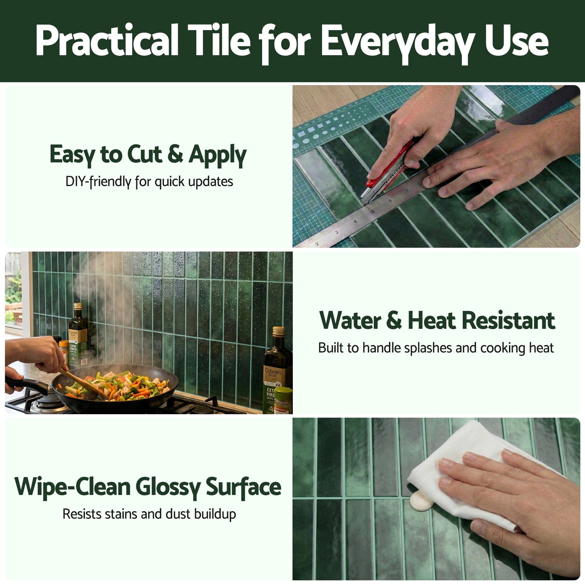 Artiss 3D Peel and Stick Wall Tiles Self Adhesive LinearGrid Backsplash 10 Sheets, Green PST-546-GN
