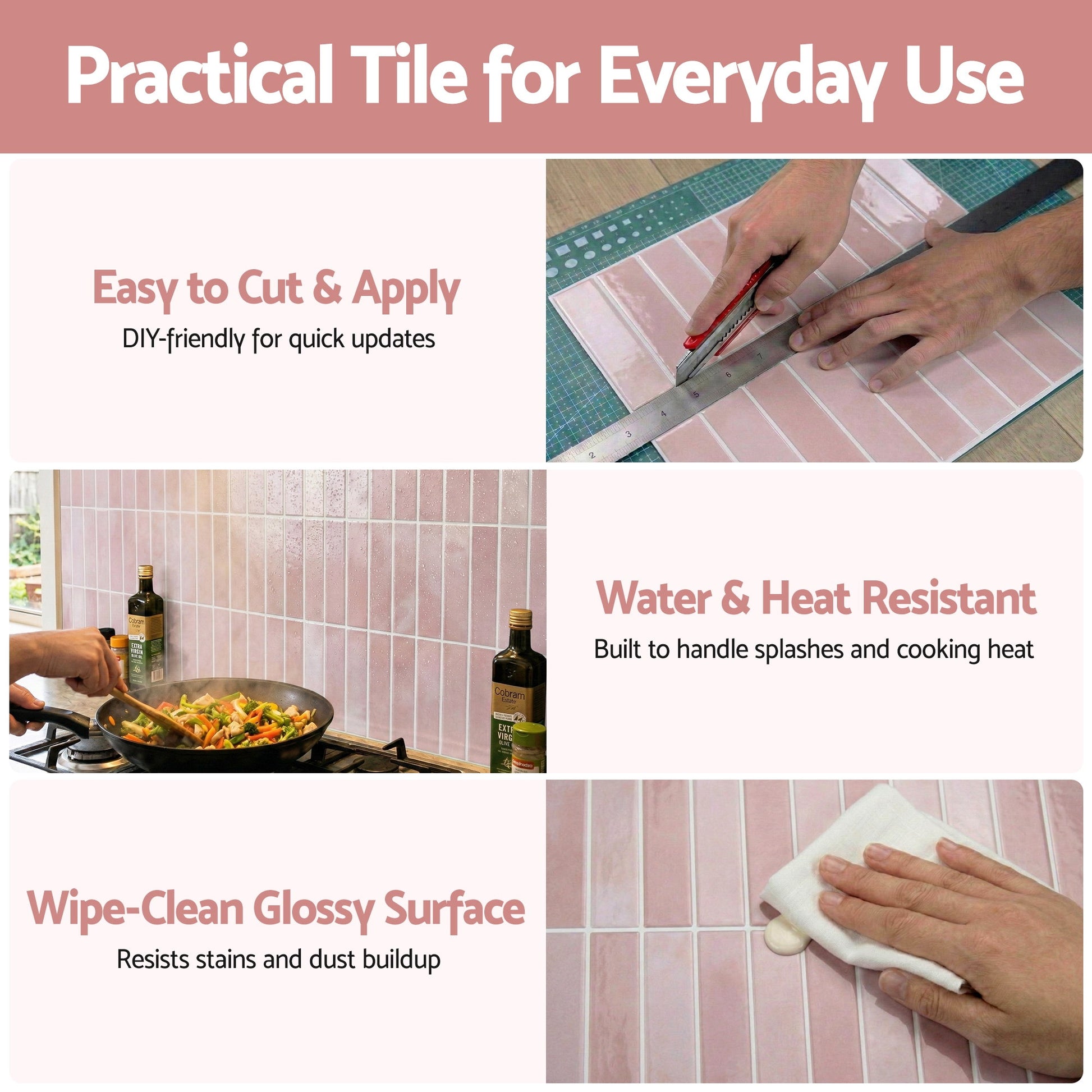 Artiss 3D Peel and Stick Wall Tiles Self Adhesive LinearGrid Backsplash 10 Sheets, Pink PST-614-PK