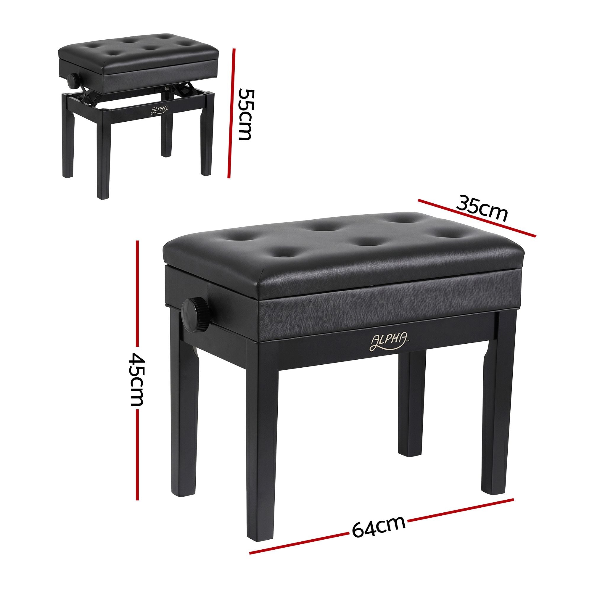 Alpha Adjustable Piano Bench Wooden Keyboard Seat Padded Music Chair Black PSTOL-STR-55KNOB-BK
