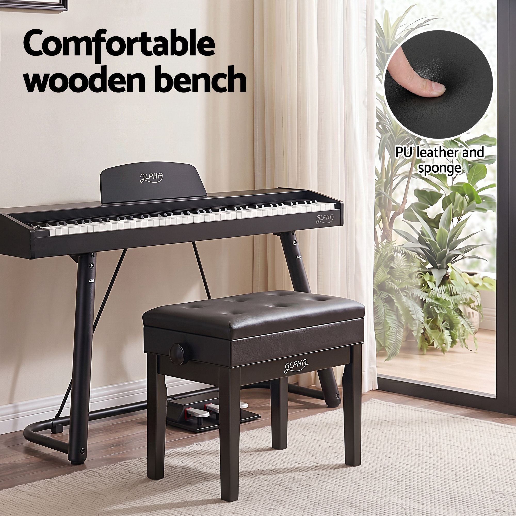 Alpha Adjustable Piano Bench Wooden Keyboard Seat Padded Music Chair Black PSTOL-STR-55KNOB-BK