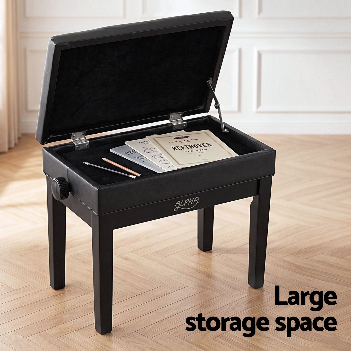 Alpha Adjustable Piano Bench Wooden Keyboard Seat Padded Music Chair Black PSTOL-STR-55KNOB-BK