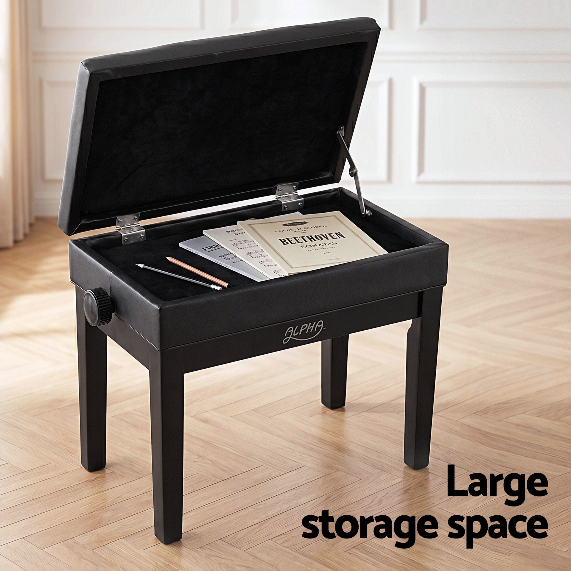 Alpha Adjustable Piano Bench Wooden Keyboard Seat Padded Music Chair Black PSTOL-STR-55KNOB-BK