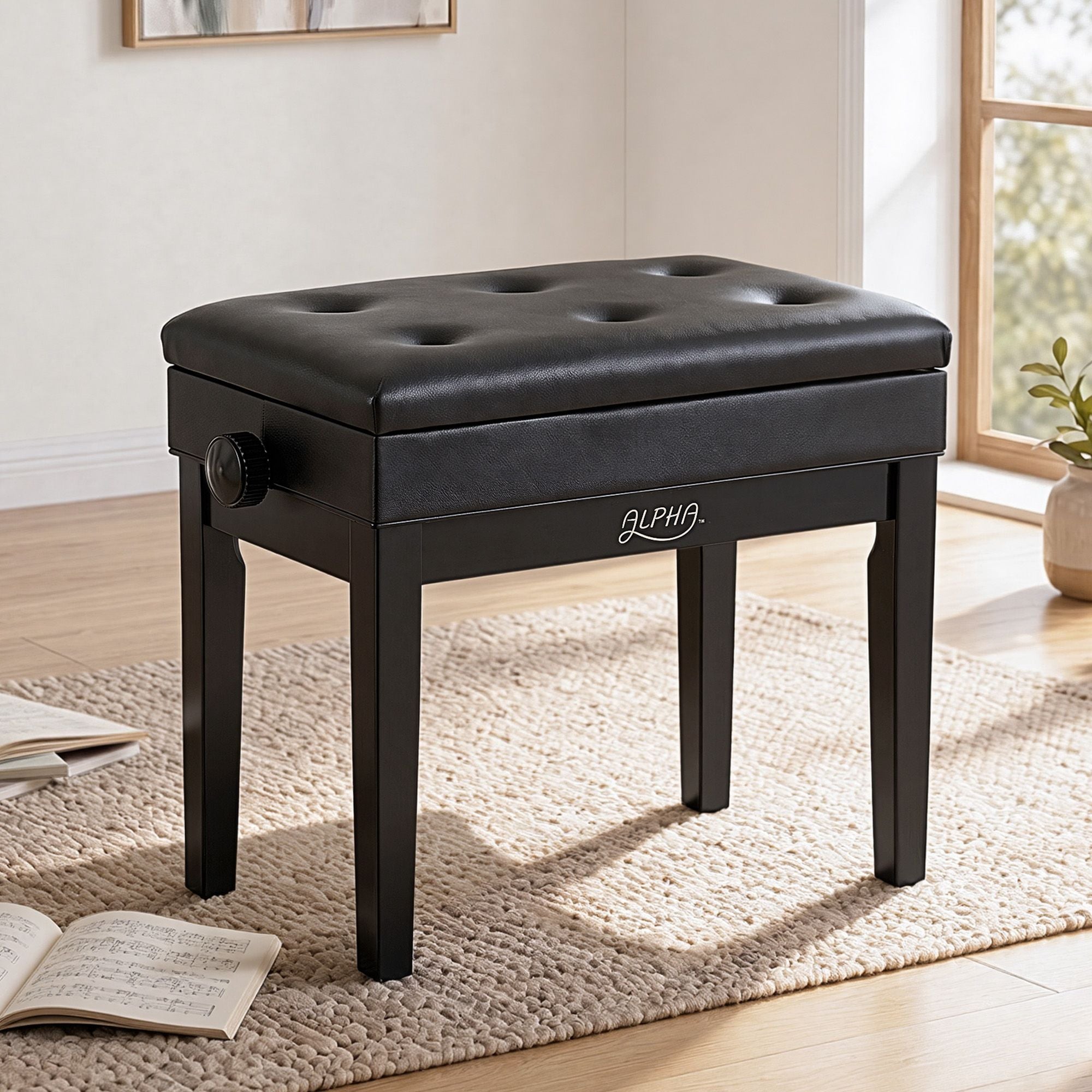 Alpha Adjustable Piano Bench Wooden Keyboard Seat Padded Music Chair Black PSTOL-STR-55KNOB-BK