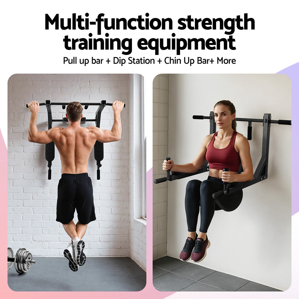 Everfit Pull Up Bar Dip Station Multi Gym 150kg Home Power Station Black Red PUB-A-6007-BK