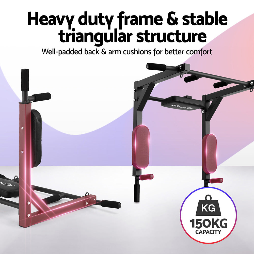 Everfit Pull Up Bar Dip Station Multi Gym 150kg Home Power Station Black Red PUB-A-6007-BK