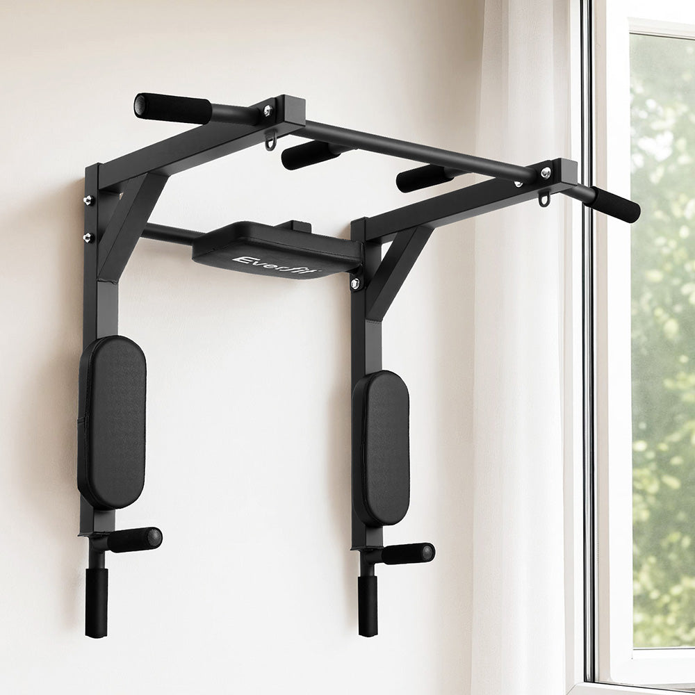 Everfit Pull Up Bar Dip Station Multi Gym 150kg Home Power Station Black Red PUB-A-6007-BK