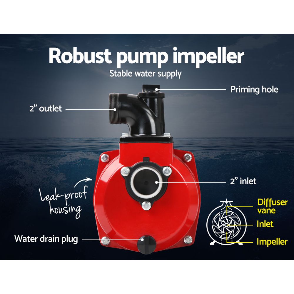 Giantz Petrol Water Pump 7HP Max, 2" High Flow 4-Stroke Engine Transfer Fire Fighting Pumps Rain Tank Oil PUMP-2INCH-210-RDBK