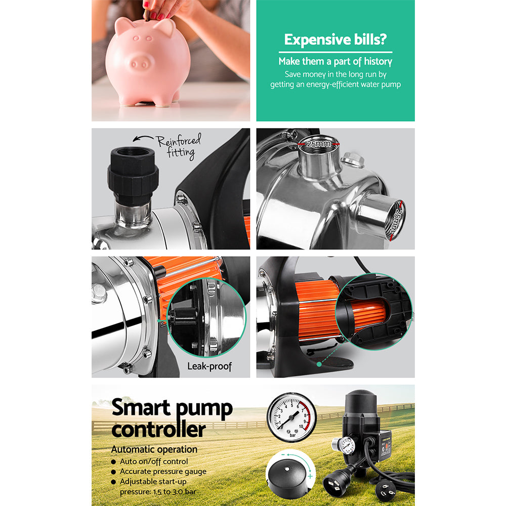 Giantz Garden Water Pump High Pressure 800W Max. Tank Rain Farm Irrigation House Black PUMP-GARDEN-800-TPC
