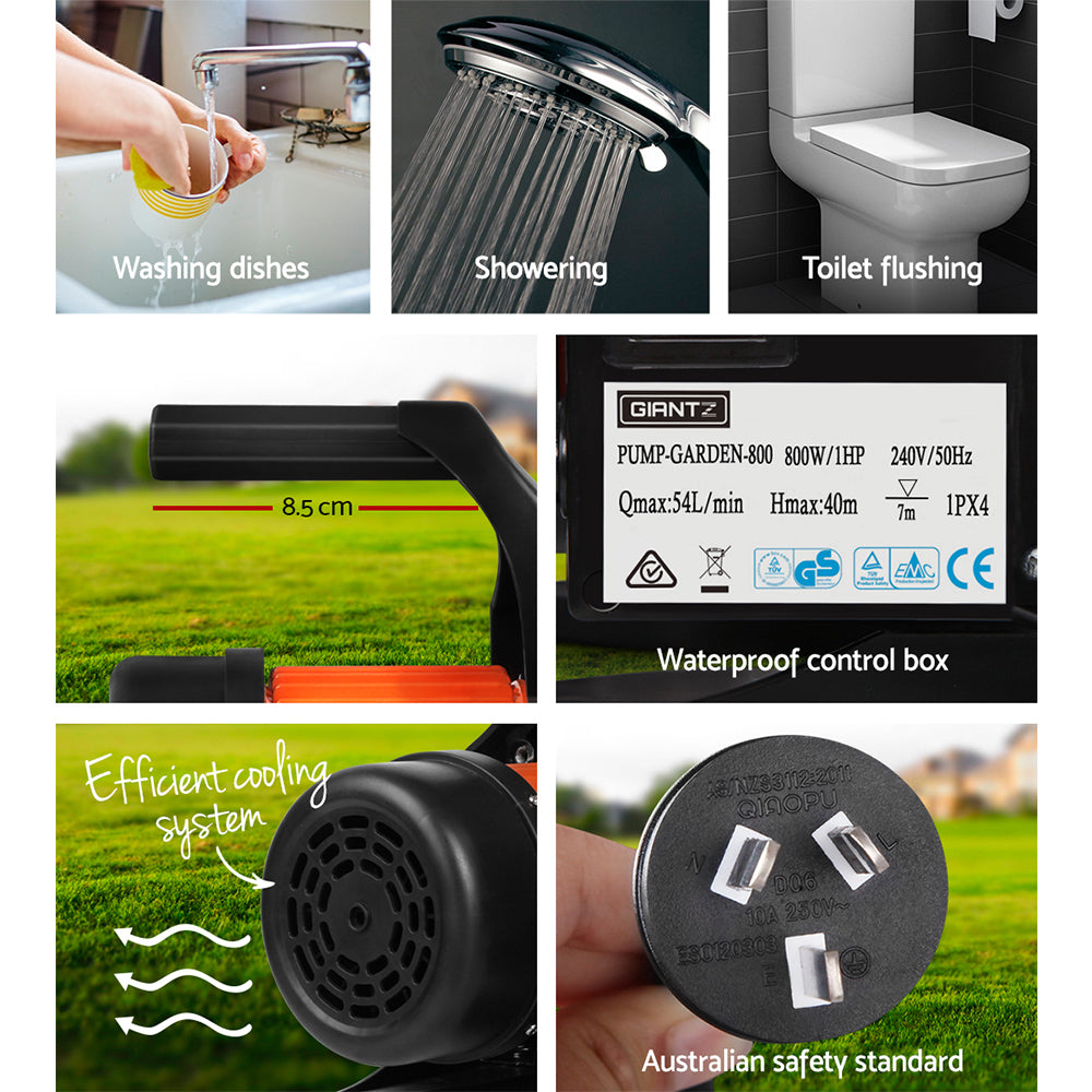 Giantz Garden Water Pump High Pressure 800W Max. Tank Rain Farm Irrigation House Black PUMP-GARDEN-800-TPC