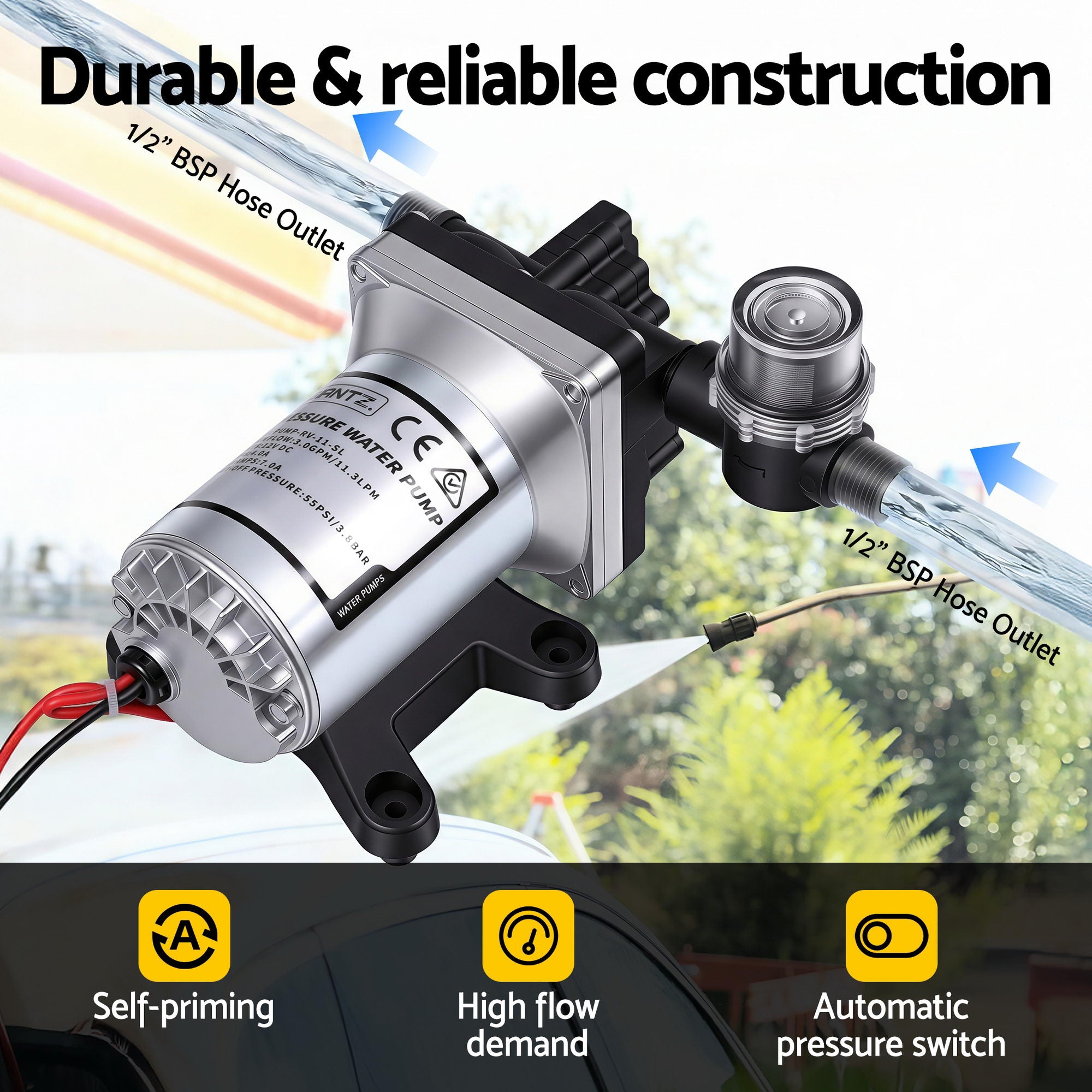Giantz 12V Water Pump High Pressure Fast Self Priming 11.3L with Auto Switch for RV Caravan Boat PUMP-RV-11-SL