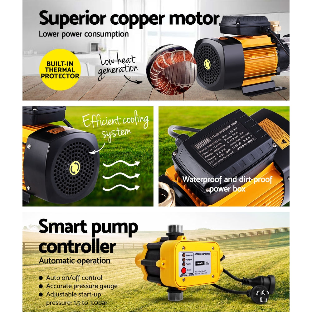 Giantz Garden Water Pump High Pressure 2500W Max 6-Stage Tank Irrigation Transfer Booster Yellow PUMP-ST6-SS-OG-YEL