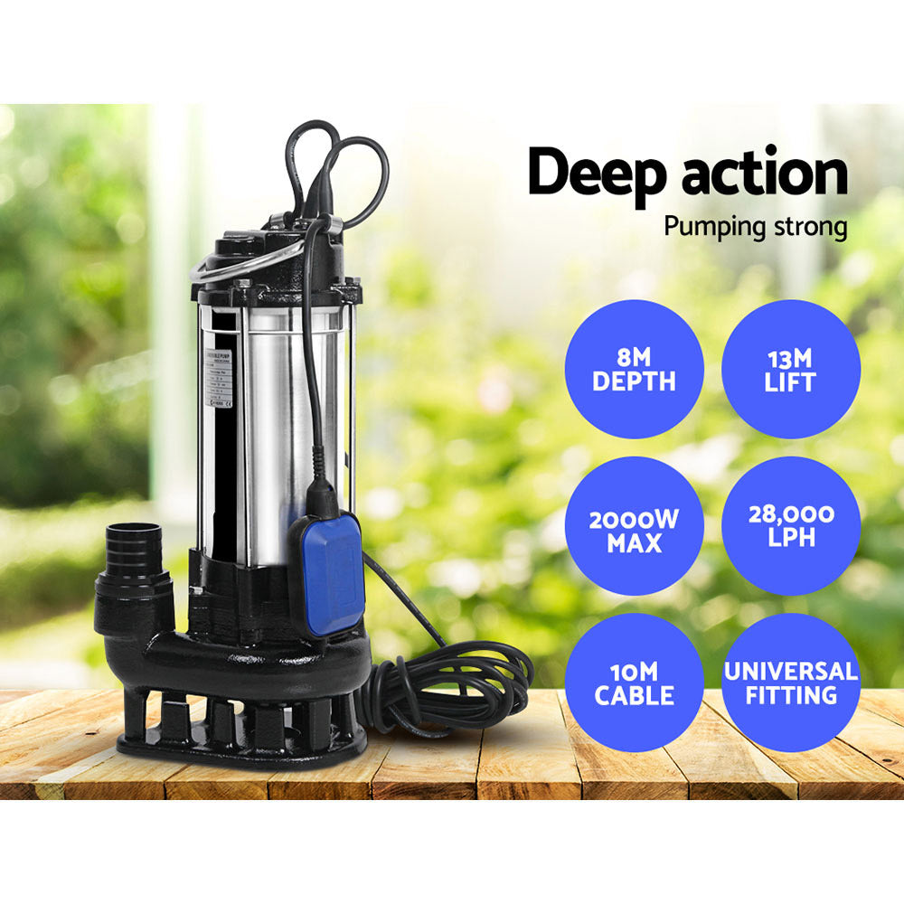 Giantz 2000W Max. Submersible Dirty Water Pump Bore Tank Well Steel Automatic PUMP-SUBM-28-BK