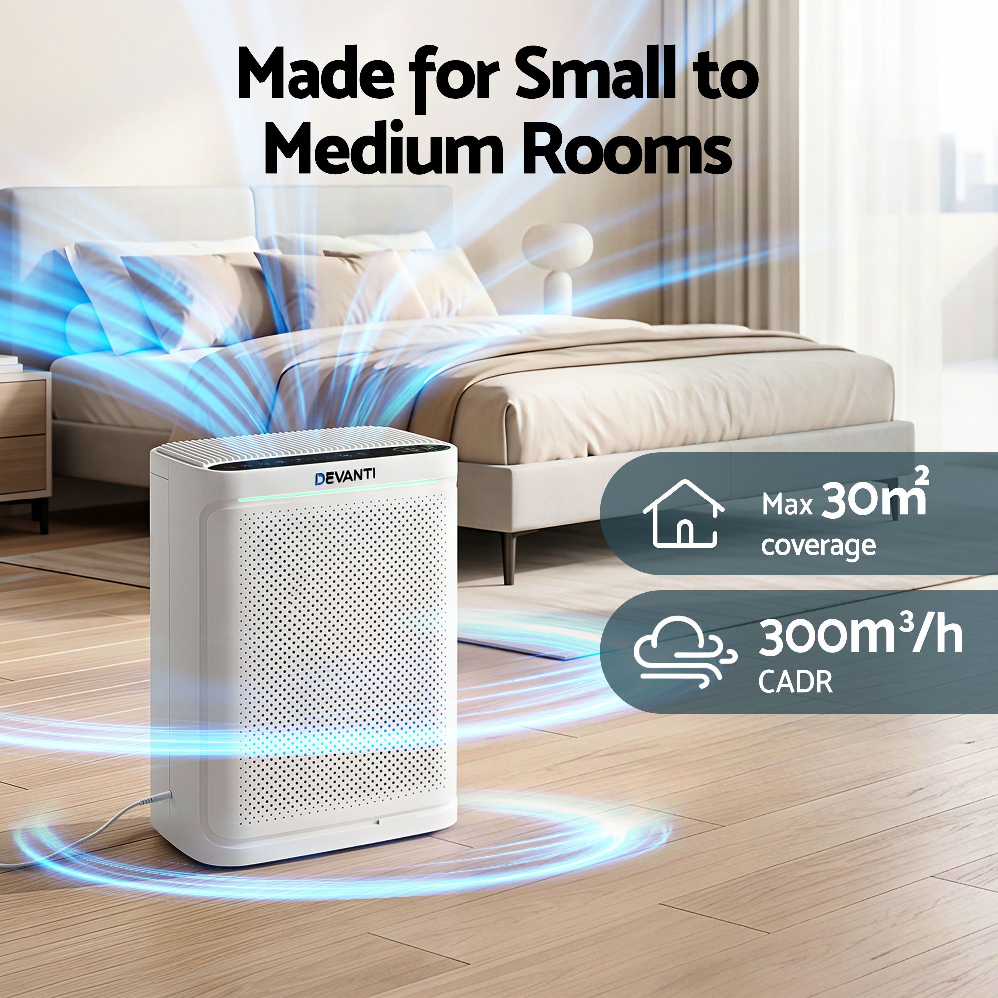 Devanti Air Purifier HEPA Air Cleaner Digital Display Bedroom White PURI-E-2008-WH