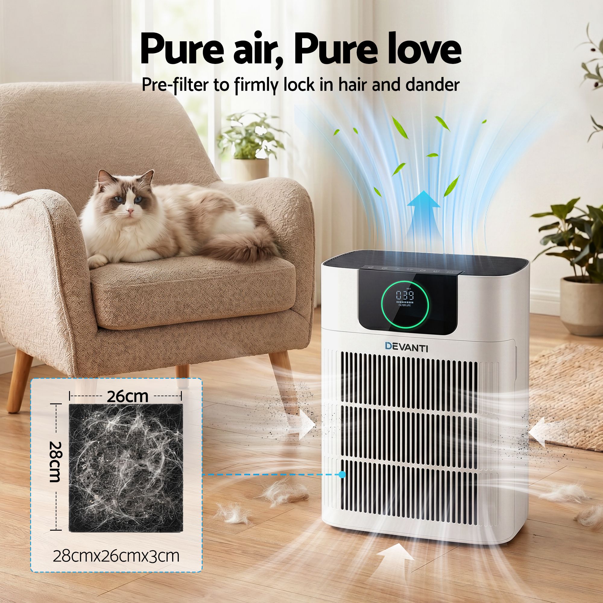 Devanti Pet Air Purifier H12 HEPA Filter Cleaner Replacement Filter White PURI-E-4866PET-FT-WH