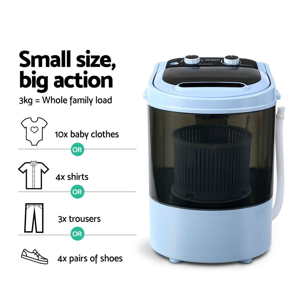 Devanti Portable Washing Machine 3KG Black PWM-S-30-BK