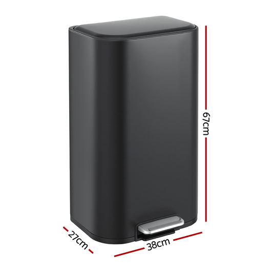 Cefito Kitchen Trash Can 40L Pedal Bins Rubbish Bin Steel with Soft Close Lid, Removable Inner Bucket, RB-40L-1C-BK