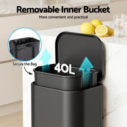 Cefito Kitchen Trash Can 40L Pedal Bins Rubbish Bin Steel with Soft Close Lid, Removable Inner Bucket, RB-40L-1C-BK
