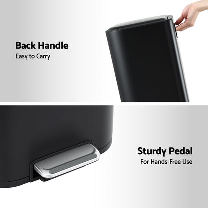 Cefito Kitchen Trash Can 40L Pedal Bins Rubbish Bin Steel with Soft Close Lid, Removable Inner Bucket, RB-40L-1C-BK