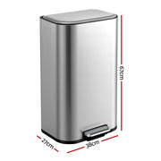 Cefito Kitchen Trash Can 40L Pedal Bins Rubbish Bin Steel with Soft Close Lid, Removable Inner Bucket, RB-40L-1C-GY