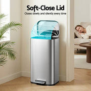 Cefito Kitchen Trash Can 40L Pedal Bins Rubbish Bin Steel with Soft Close Lid, Removable Inner Bucket, RB-40L-1C-GY