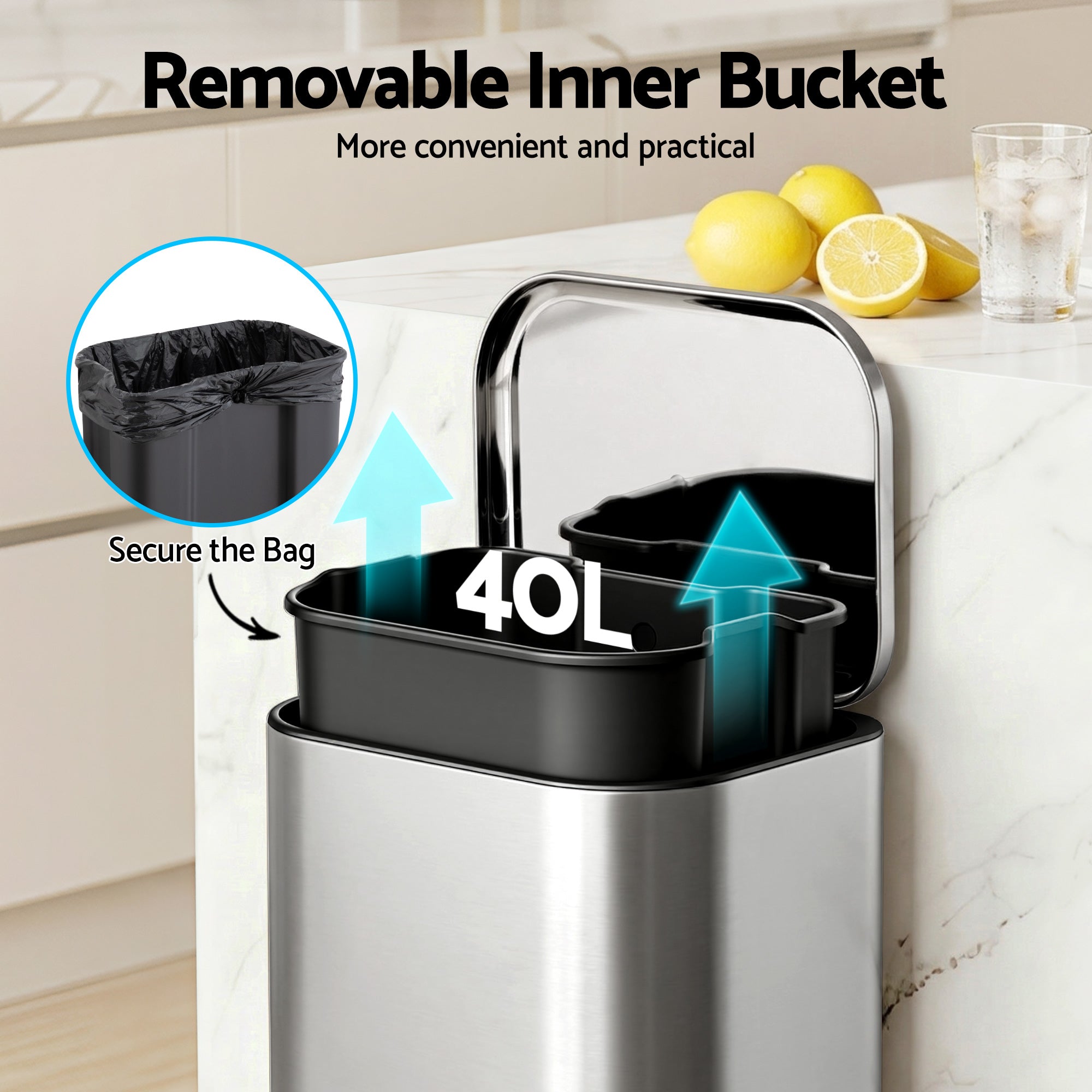 Cefito Kitchen Trash Can 40L Pedal Bins Rubbish Bin Steel with Soft Close Lid, Removable Inner Bucket, RB-40L-1C-GY