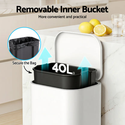 Cefito Kitchen Trash Can 40L Pedal Bins Rubbish Bin Steel with Soft Close Lid, Removable Inner Bucket, RB-40L-1C-WH