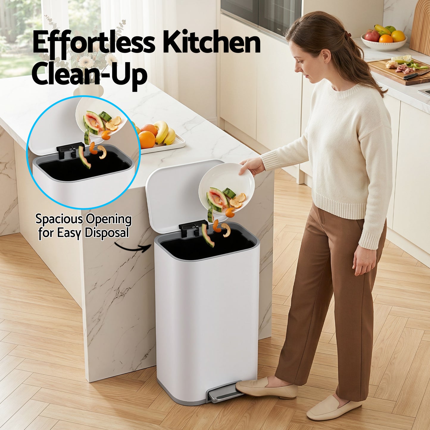 Cefito Kitchen Trash Can 40L Pedal Bins Rubbish Bin Steel with Soft Close Lid, Removable Inner Bucket, RB-40L-1C-WH