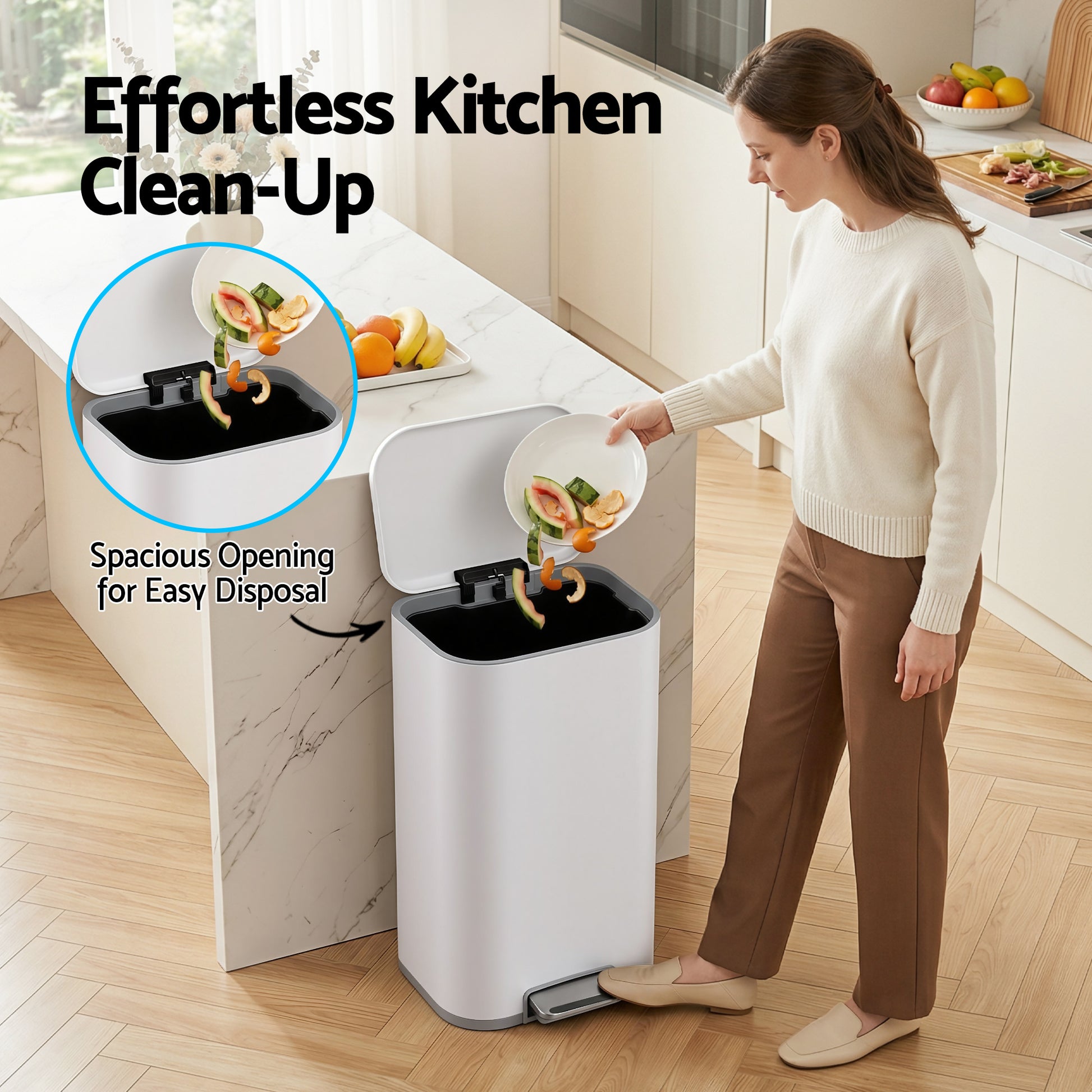 Cefito Kitchen Trash Can 40L Pedal Bins Rubbish Bin Steel with Soft Close Lid, Removable Inner Bucket, RB-40L-1C-WH