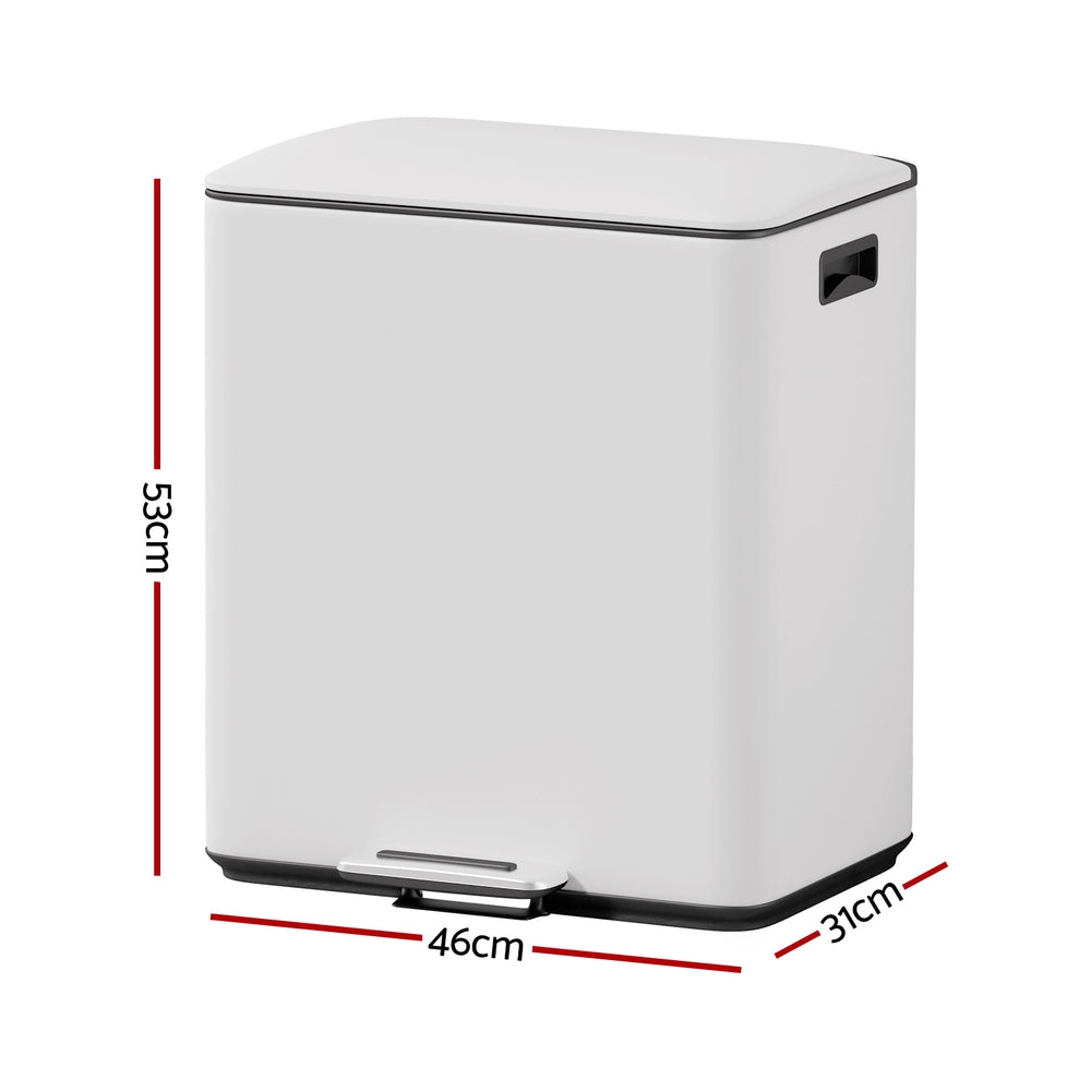 Cefito Pedal Bins Rubbish Bin Dual Compartment Waste Recycle Dustbins 40L White RB-40L-2C-WH