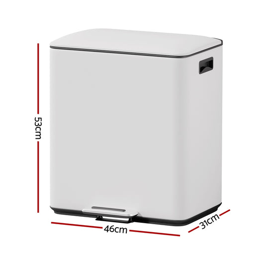 Cefito Pedal Bins Rubbish Bin Dual Compartment Waste Recycle Dustbins 40L White RB-40L-2C-WH